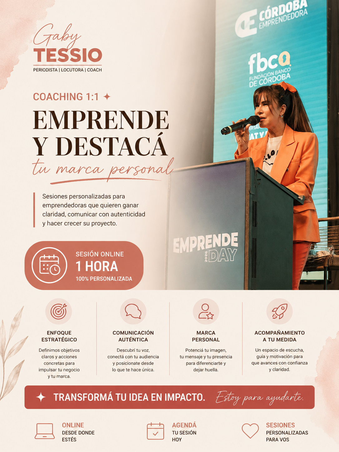Flyer Coaching 1:1 "Emprendé y Destacá tu Marca Personal" con Gaby Tessio