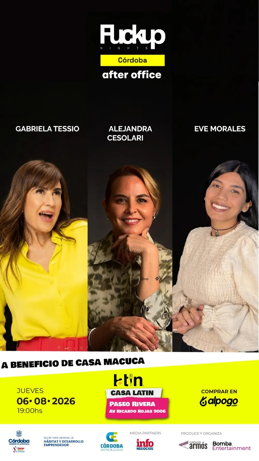 Oradoras de FuckUp Nights Córdoba: Gabriela Tessio, Alejandra Cesolari y Eve Morales